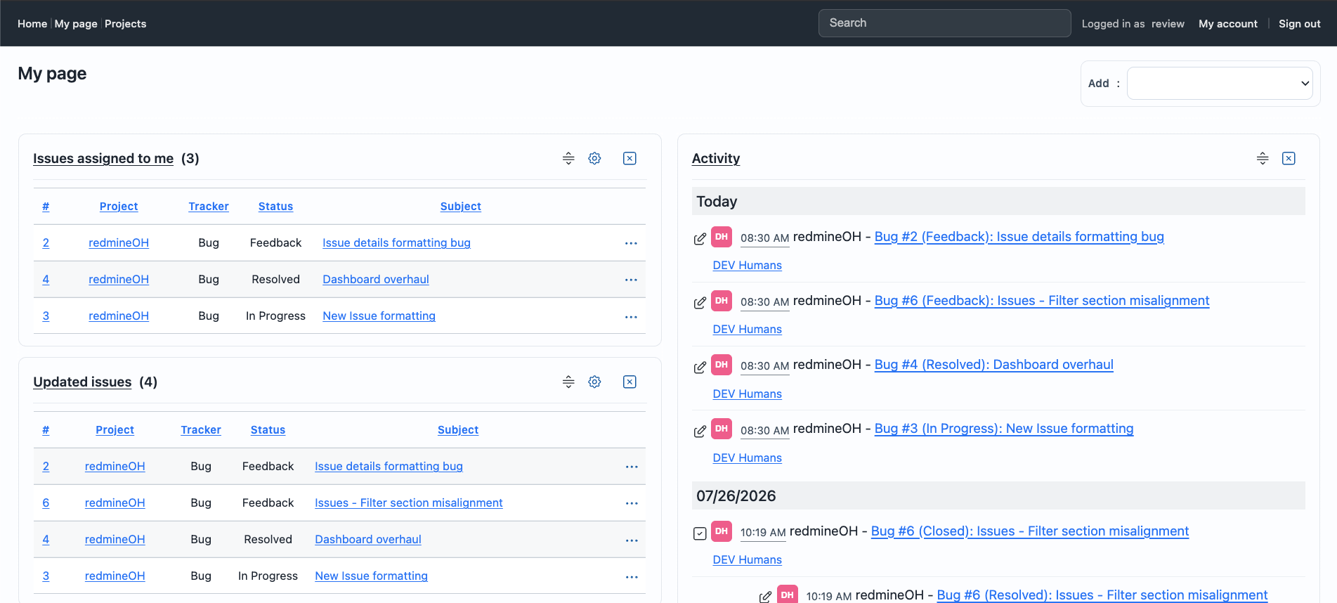 RedmineOH My page view showing assigned issues, updated issues and recent activity.